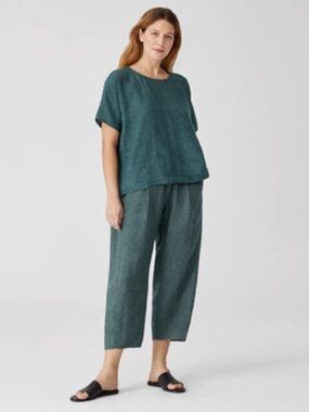 Eileen Fisher Green Elastic-Waist Cropped Linen Pants Large
